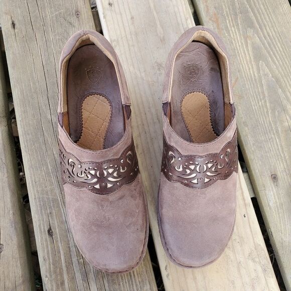 Ariat Tambour Nubuck Suede Leather Brown Gold Laser Cut Clogs 9 - Picture 2 of 7